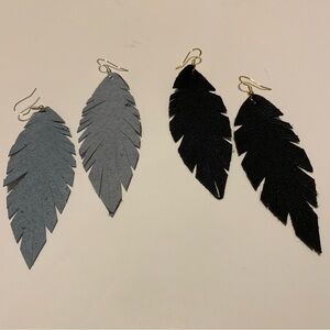 Handmade suede leather boho earrings fall winter bohemian artisan feather 2 pair